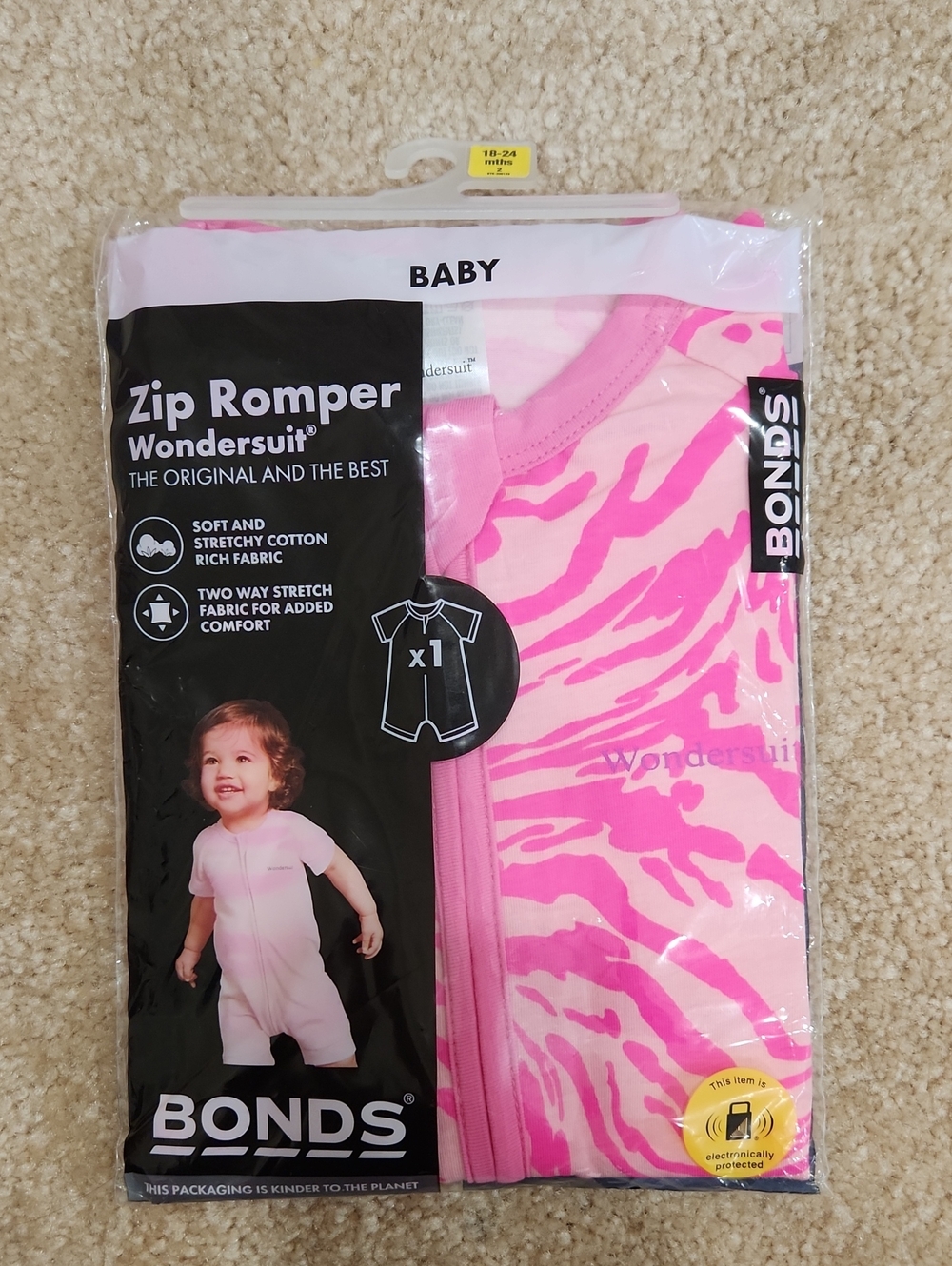 Bonds Baby Girl Zip Romper Pink White Zebra Print Size 18 - 24 Months / 2 BNWT